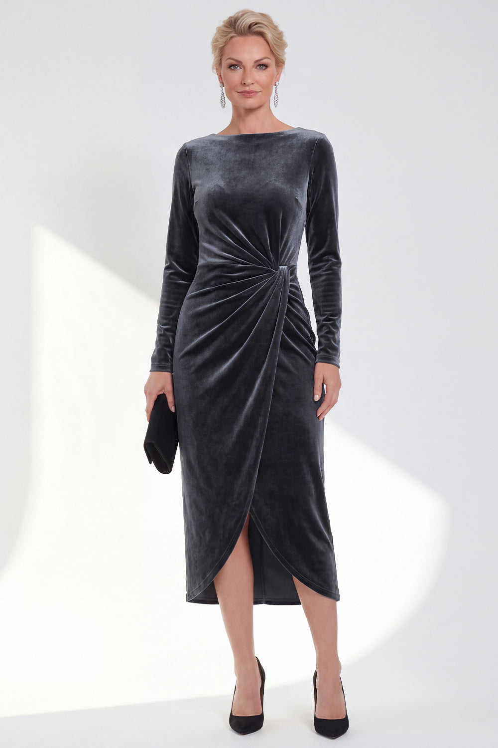 Dark Grey Velvet Ruched Boat Neck Midi Mother of the Bride Dress with Sleeves