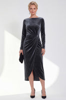 Load image into Gallery viewer, Dark Grey Velvet Ruched Boat Neck Midi Mother of the Bride Dress with Sleeves