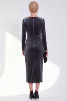 Load image into Gallery viewer, Dark Grey Velvet Ruched Boat Neck Midi Mother of the Bride Dress with Sleeves