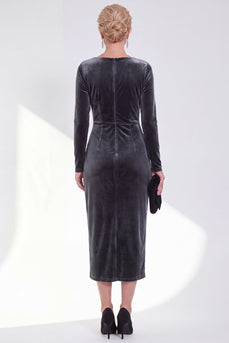 Dark Grey Velvet Ruched Boat Neck Midi Mother of the Bride Dress with Sleeves