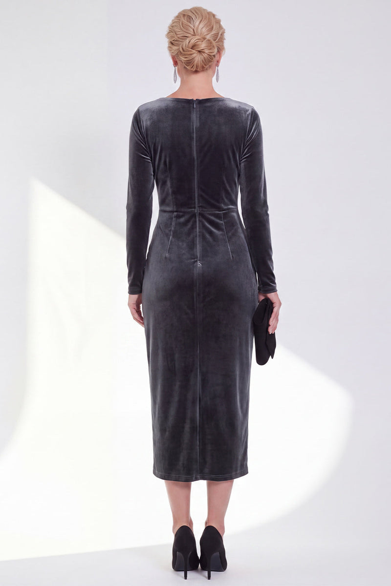 Load image into Gallery viewer, Dark Grey Velvet Ruched Boat Neck Midi Mother of the Bride Dress with Sleeves