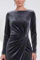Load image into Gallery viewer, Dark Grey Velvet Ruched Boat Neck Midi Mother of the Bride Dress with Sleeves