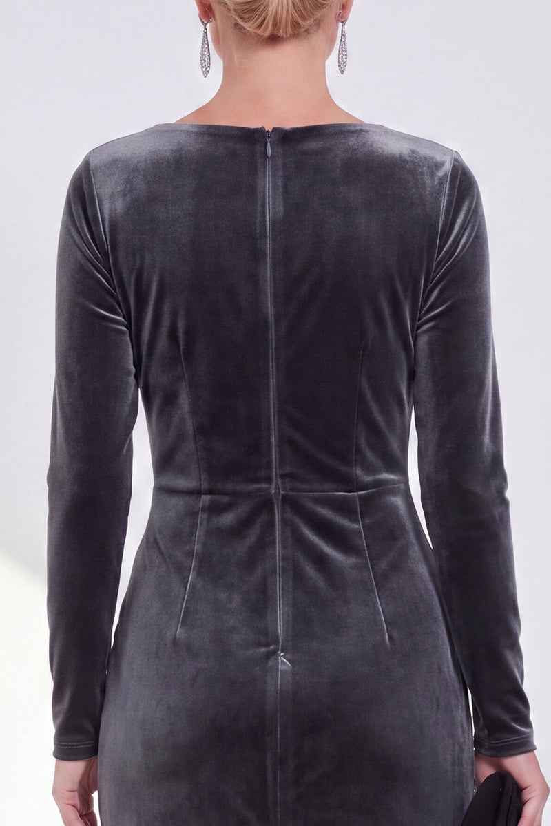 Load image into Gallery viewer, Dark Grey Velvet Ruched Boat Neck Midi Mother of the Bride Dress with Sleeves