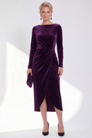 Load image into Gallery viewer, Dark Grey Velvet Ruched Boat Neck Midi Mother of the Bride Dress with Sleeves