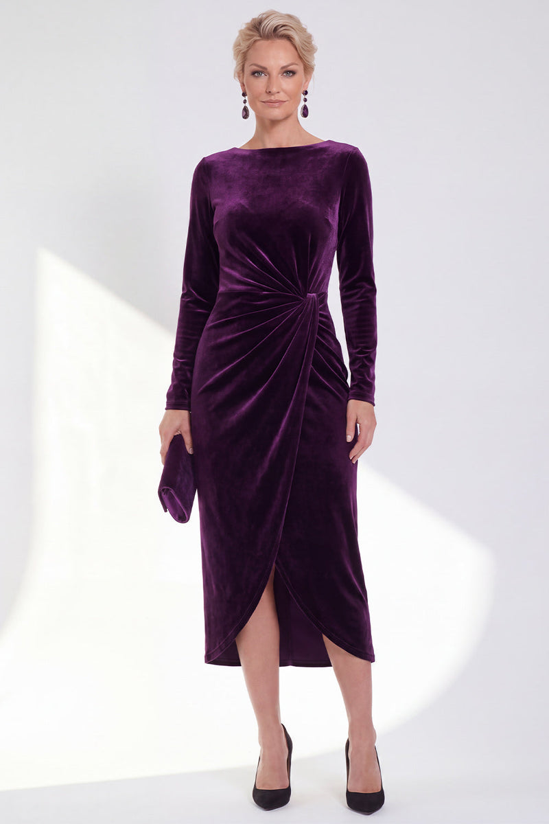 Load image into Gallery viewer, Dark Grey Velvet Ruched Boat Neck Midi Mother of the Bride Dress with Sleeves