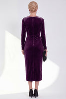 Load image into Gallery viewer, Dark Grey Velvet Ruched Boat Neck Midi Mother of the Bride Dress with Sleeves