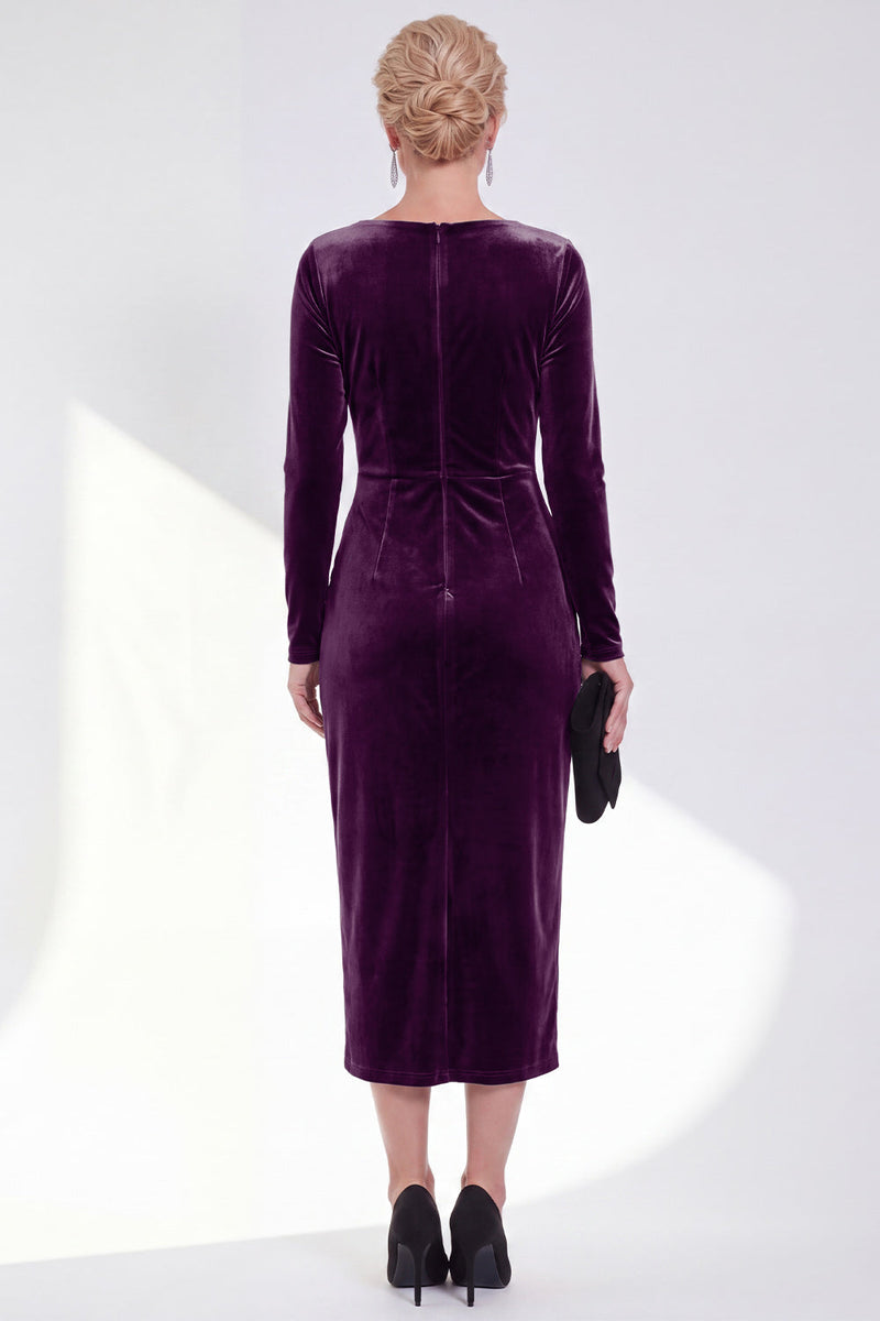 Load image into Gallery viewer, Dark Grey Velvet Ruched Boat Neck Midi Mother of the Bride Dress with Sleeves