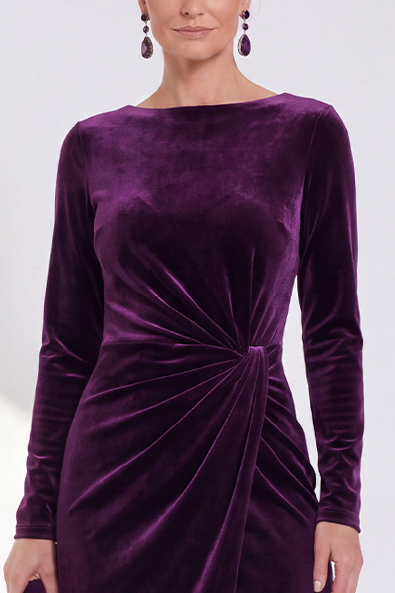 Load image into Gallery viewer, Dark Grey Velvet Ruched Boat Neck Midi Mother of the Bride Dress with Sleeves