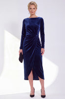 Load image into Gallery viewer, Dark Grey Velvet Ruched Boat Neck Midi Mother of the Bride Dress with Sleeves