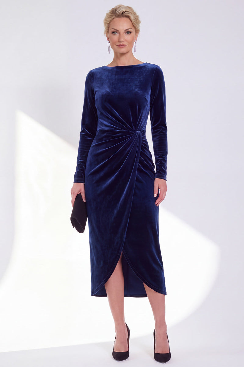 Load image into Gallery viewer, Dark Grey Velvet Ruched Boat Neck Midi Mother of the Bride Dress with Sleeves