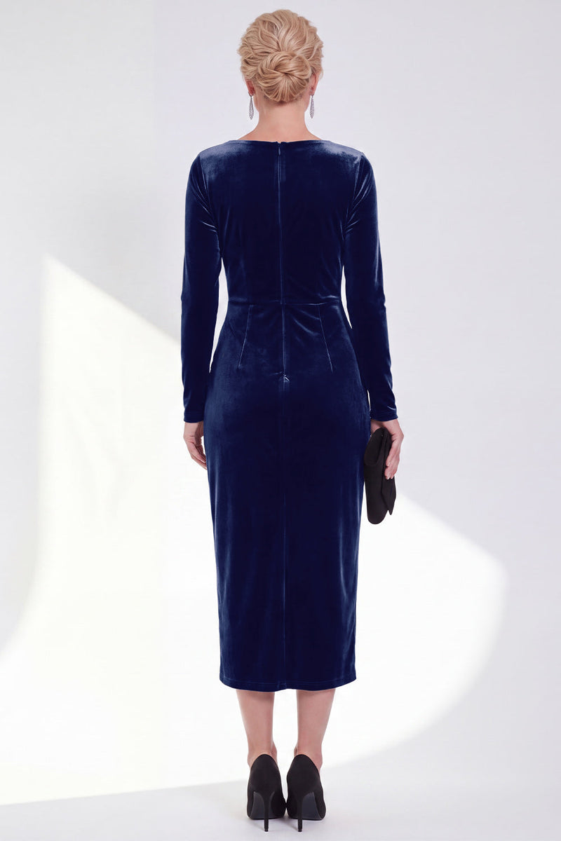 Load image into Gallery viewer, Dark Grey Velvet Ruched Boat Neck Midi Mother of the Bride Dress with Sleeves