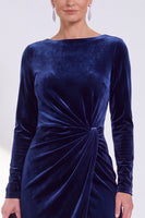Load image into Gallery viewer, Dark Grey Velvet Ruched Boat Neck Midi Mother of the Bride Dress with Sleeves