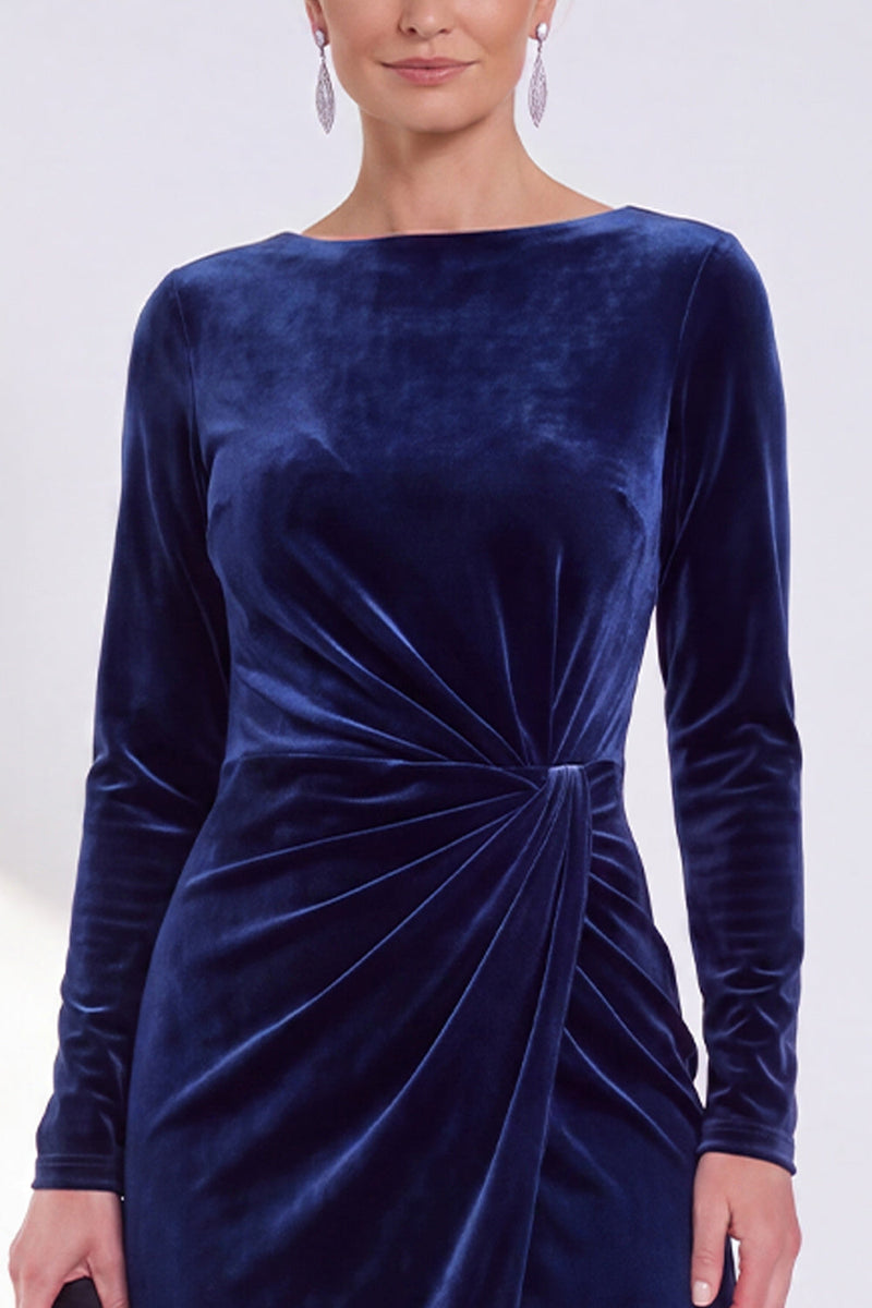 Load image into Gallery viewer, Dark Grey Velvet Ruched Boat Neck Midi Mother of the Bride Dress with Sleeves
