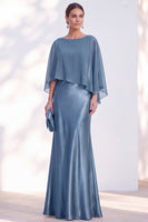 Load image into Gallery viewer, Dark Green Boat Neck Mermaid Satin Long Mother Of the Bride Dress with Cape