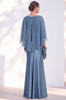 Load image into Gallery viewer, Dark Green Boat Neck Mermaid Satin Long Mother Of the Bride Dress with Cape
