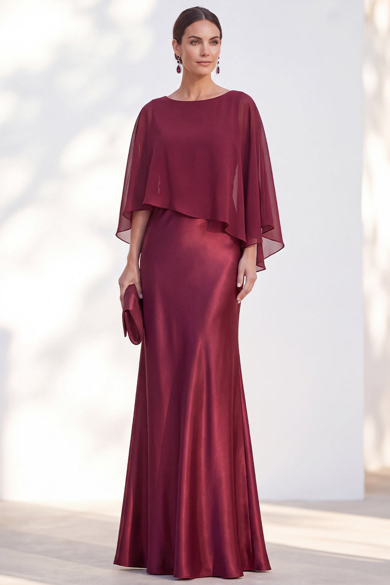 Load image into Gallery viewer, Dark Green Boat Neck Mermaid Satin Long Mother Of the Bride Dress with Cape