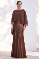 Load image into Gallery viewer, Dark Green Boat Neck Mermaid Satin Long Mother Of the Bride Dress with Cape
