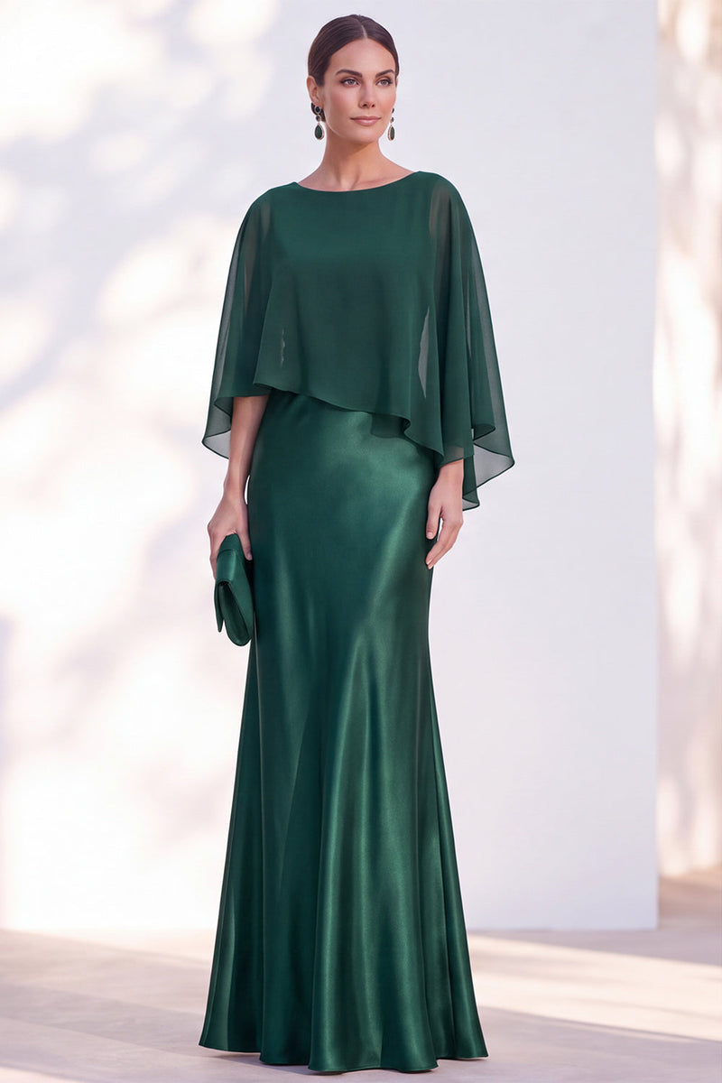 Load image into Gallery viewer, Dark Green Boat Neck Mermaid Satin Long Mother Of the Bride Dress with Cape