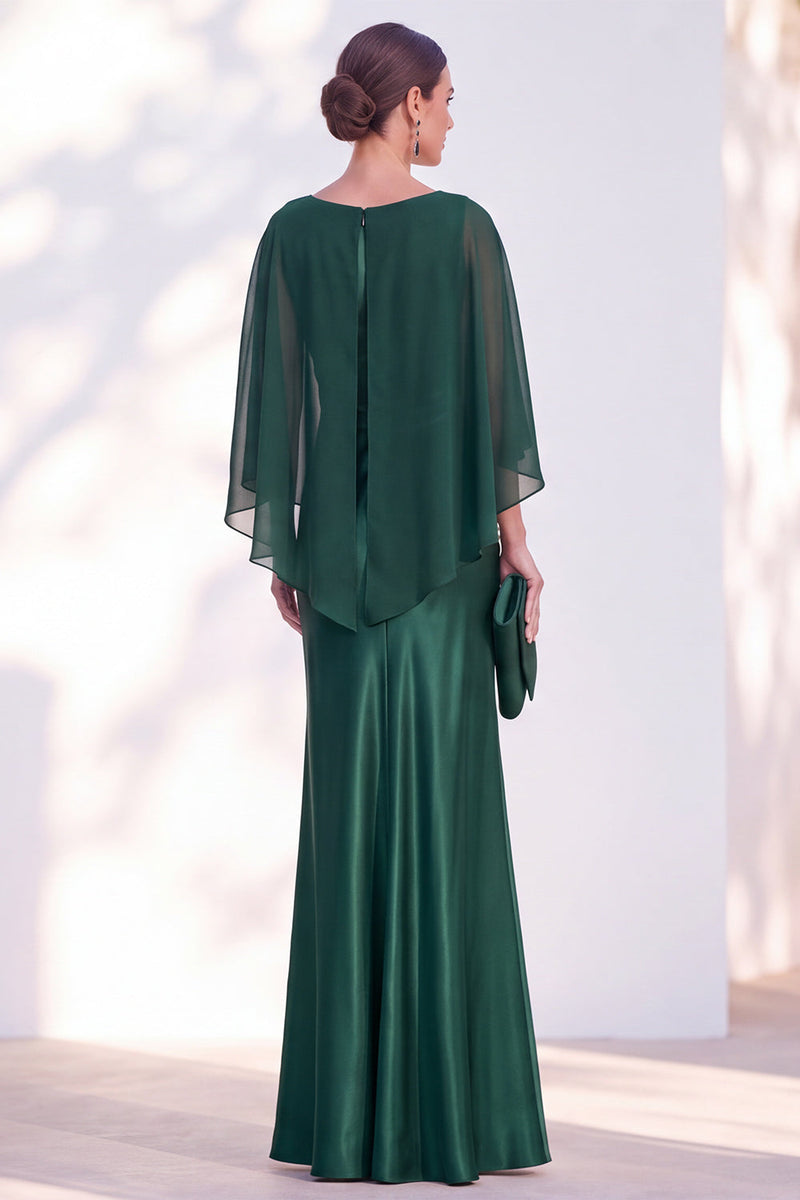Load image into Gallery viewer, Dark Green Boat Neck Mermaid Satin Long Mother Of the Bride Dress with Cape