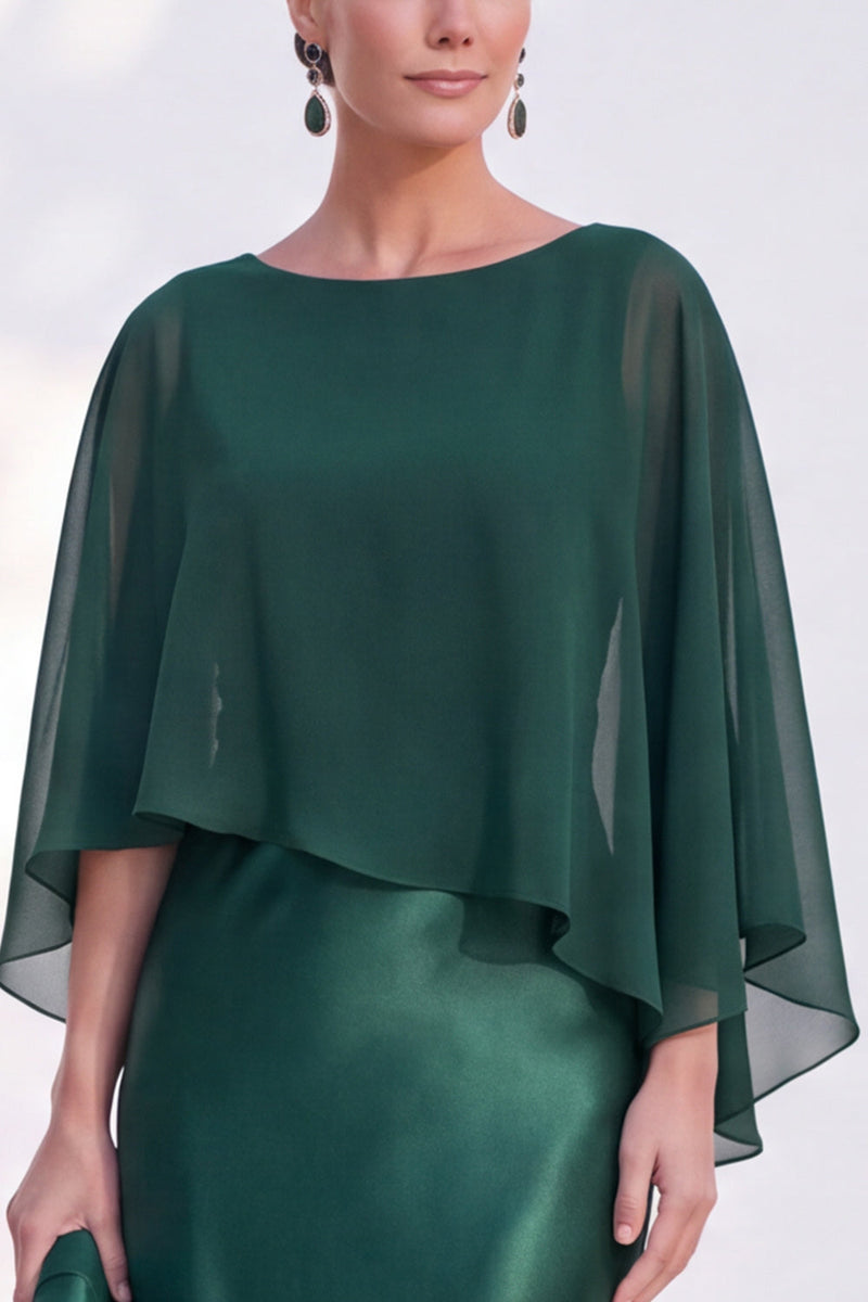 Load image into Gallery viewer, Dark Green Boat Neck Mermaid Satin Long Mother Of the Bride Dress with Cape
