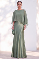 Load image into Gallery viewer, Dark Green Boat Neck Mermaid Satin Long Mother Of the Bride Dress with Cape