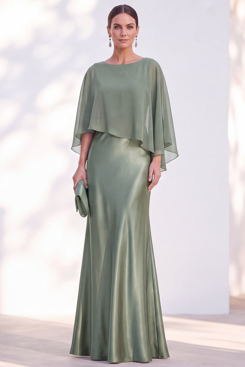Load image into Gallery viewer, Dark Green Boat Neck Mermaid Satin Long Mother Of the Bride Dress with Cape