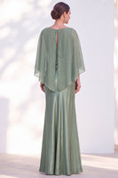 Load image into Gallery viewer, Dark Green Boat Neck Mermaid Satin Long Mother Of the Bride Dress with Cape