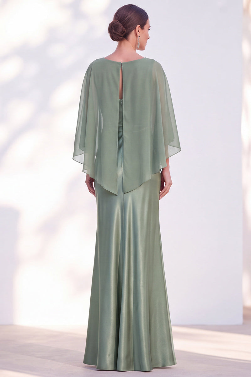Load image into Gallery viewer, Dark Green Boat Neck Mermaid Satin Long Mother Of the Bride Dress with Cape