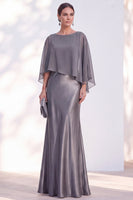 Load image into Gallery viewer, Dark Green Boat Neck Mermaid Satin Long Mother Of the Bride Dress with Cape