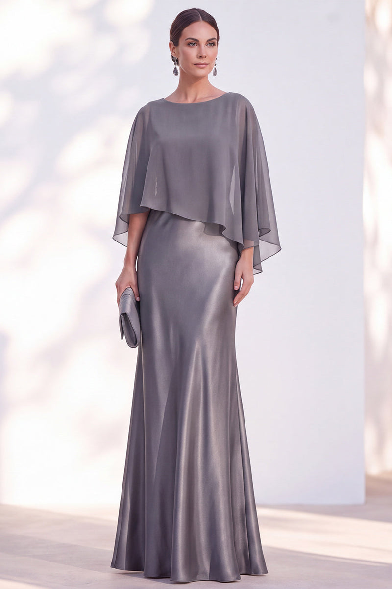 Load image into Gallery viewer, Dark Green Boat Neck Mermaid Satin Long Mother Of the Bride Dress with Cape