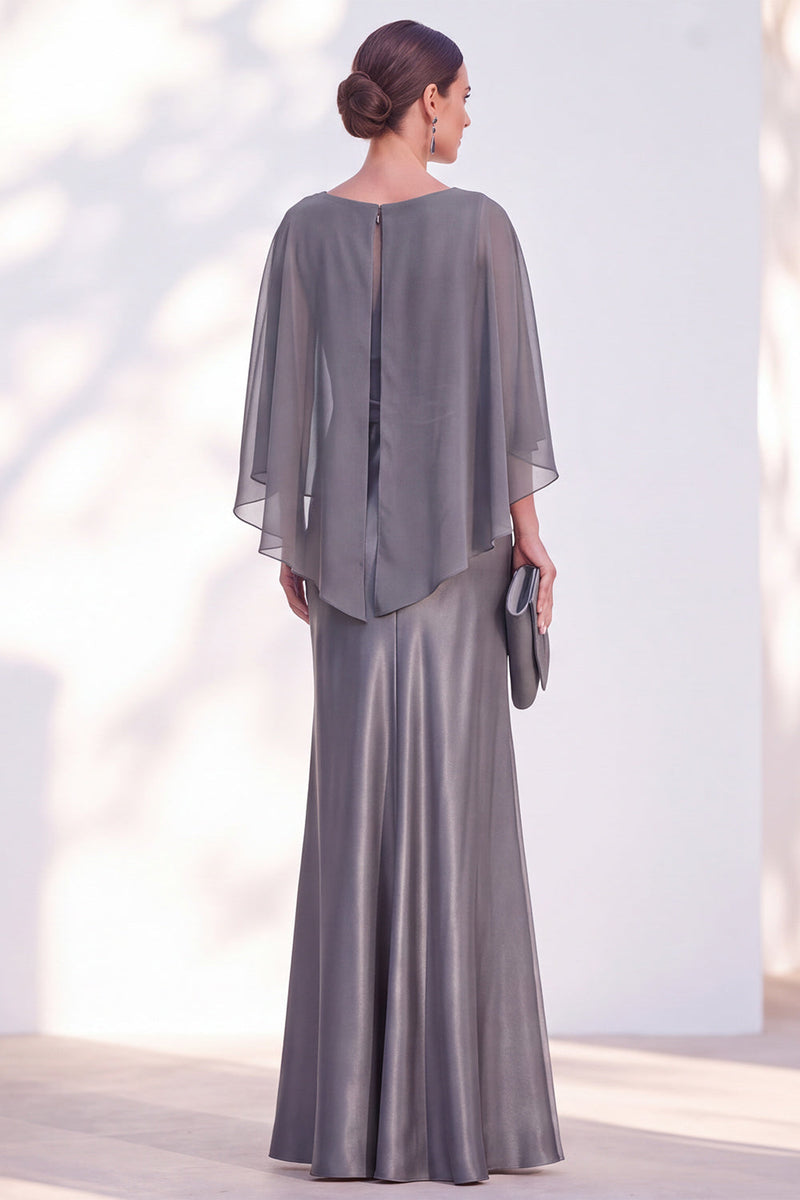 Load image into Gallery viewer, Dark Green Boat Neck Mermaid Satin Long Mother Of the Bride Dress with Cape