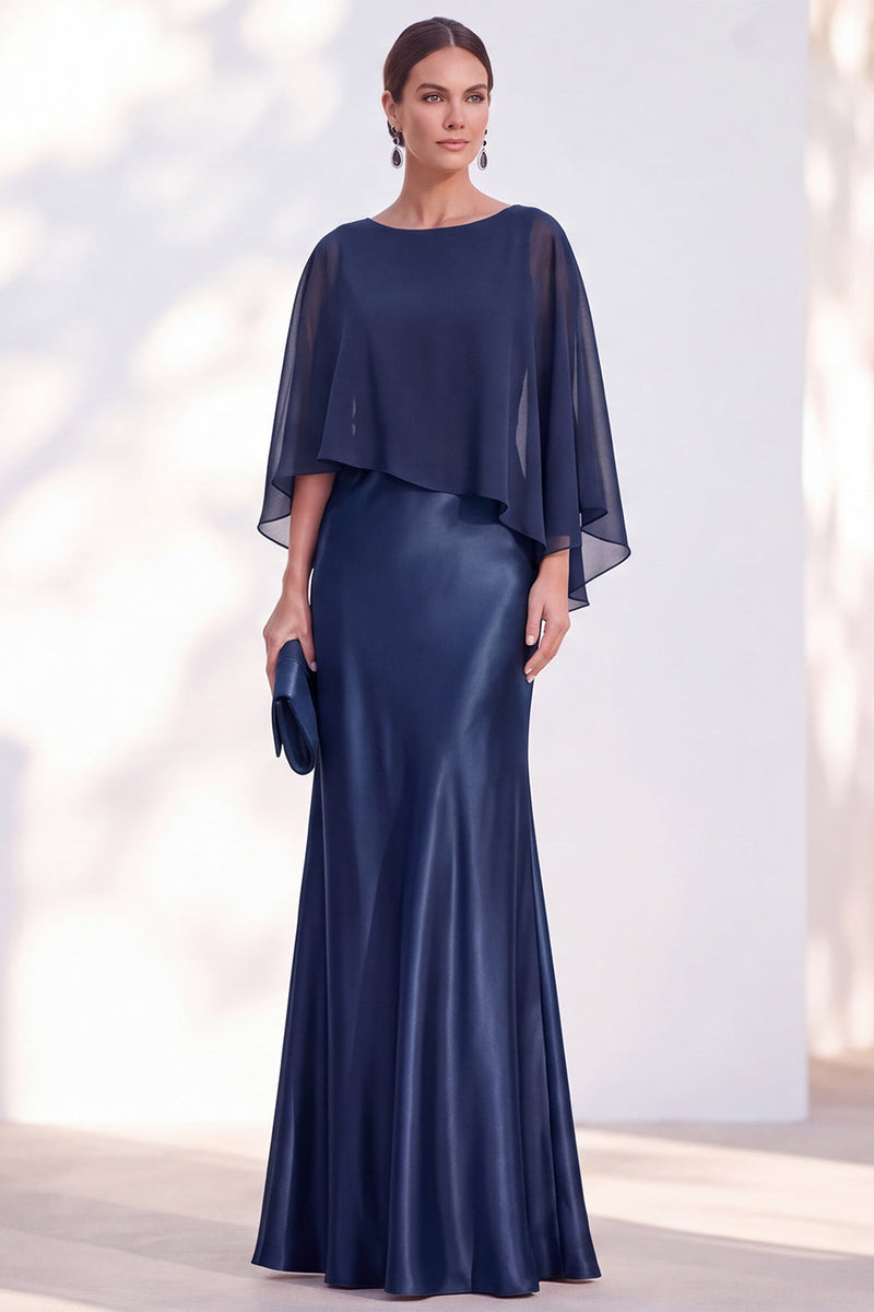 Load image into Gallery viewer, Dark Green Boat Neck Mermaid Satin Long Mother Of the Bride Dress with Cape