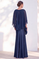 Load image into Gallery viewer, Dark Green Boat Neck Mermaid Satin Long Mother Of the Bride Dress with Cape