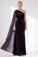 Load image into Gallery viewer, Royal Blue Velvet One Shoulder Sheath Long Mother of the Bride Dress with Side Cape
