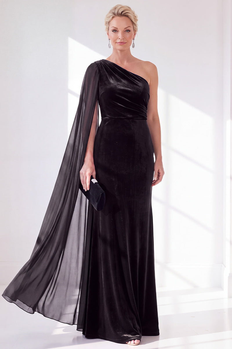 Load image into Gallery viewer, Royal Blue Velvet One Shoulder Sheath Long Mother of the Bride Dress with Side Cape
