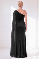 Load image into Gallery viewer, Royal Blue Velvet One Shoulder Sheath Long Mother of the Bride Dress with Side Cape