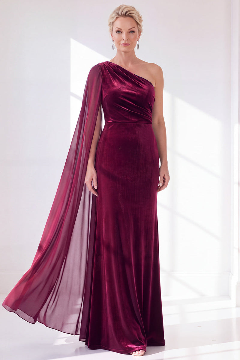 Load image into Gallery viewer, Royal Blue Velvet One Shoulder Sheath Long Mother of the Bride Dress with Side Cape