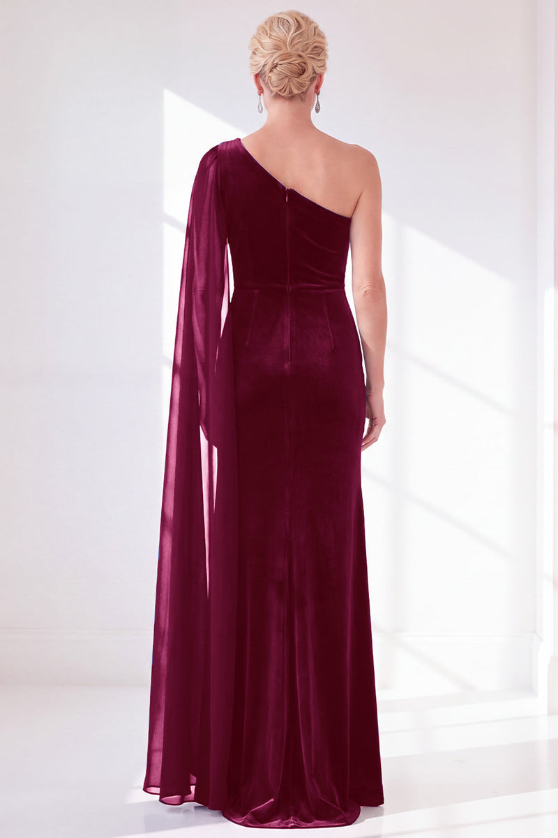 Load image into Gallery viewer, Royal Blue Velvet One Shoulder Sheath Long Mother of the Bride Dress with Side Cape