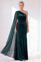 Load image into Gallery viewer, Royal Blue Velvet One Shoulder Sheath Long Mother of the Bride Dress with Side Cape
