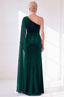 Load image into Gallery viewer, Royal Blue Velvet One Shoulder Sheath Long Mother of the Bride Dress with Side Cape