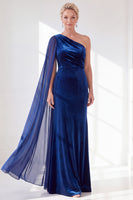 Load image into Gallery viewer, Royal Blue Velvet One Shoulder Sheath Long Mother of the Bride Dress with Side Cape