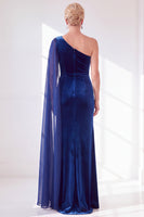 Load image into Gallery viewer, Royal Blue Velvet One Shoulder Sheath Long Mother of the Bride Dress with Side Cape