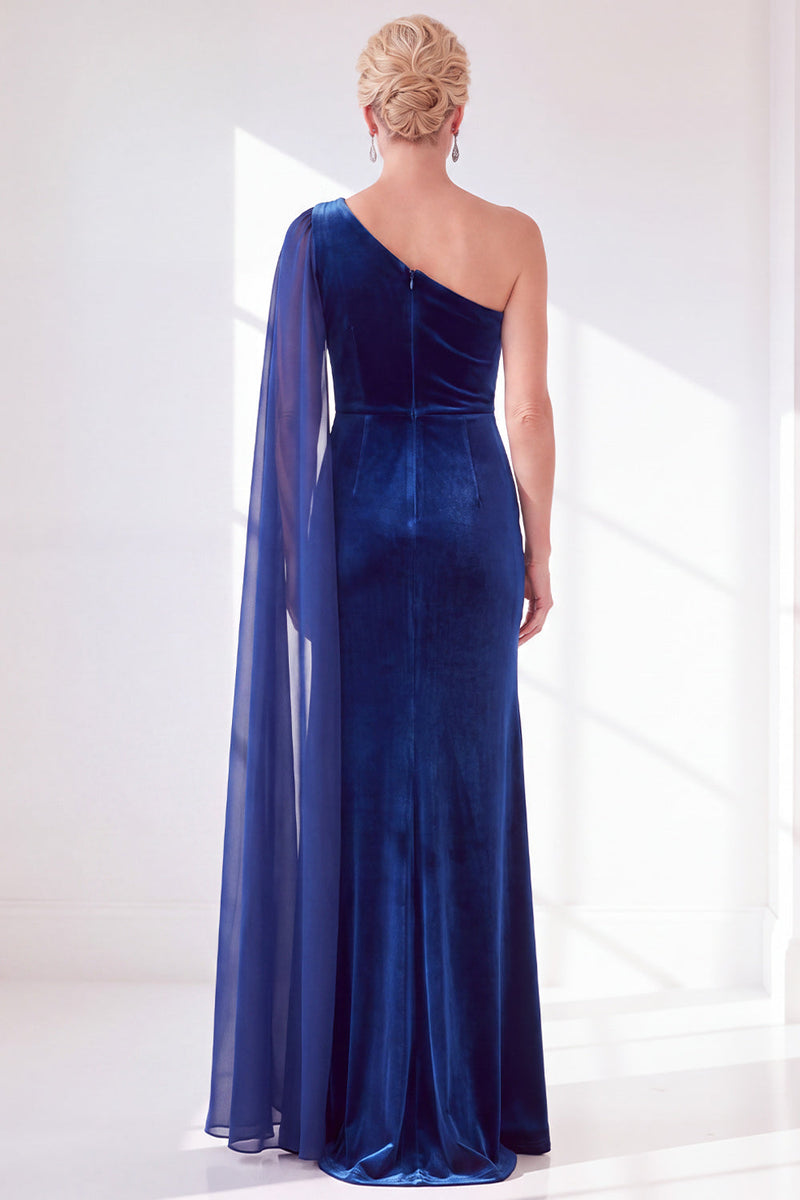 Load image into Gallery viewer, Royal Blue Velvet One Shoulder Sheath Long Mother of the Bride Dress with Side Cape