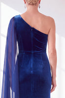 Load image into Gallery viewer, Royal Blue Velvet One Shoulder Sheath Long Mother of the Bride Dress with Side Cape
