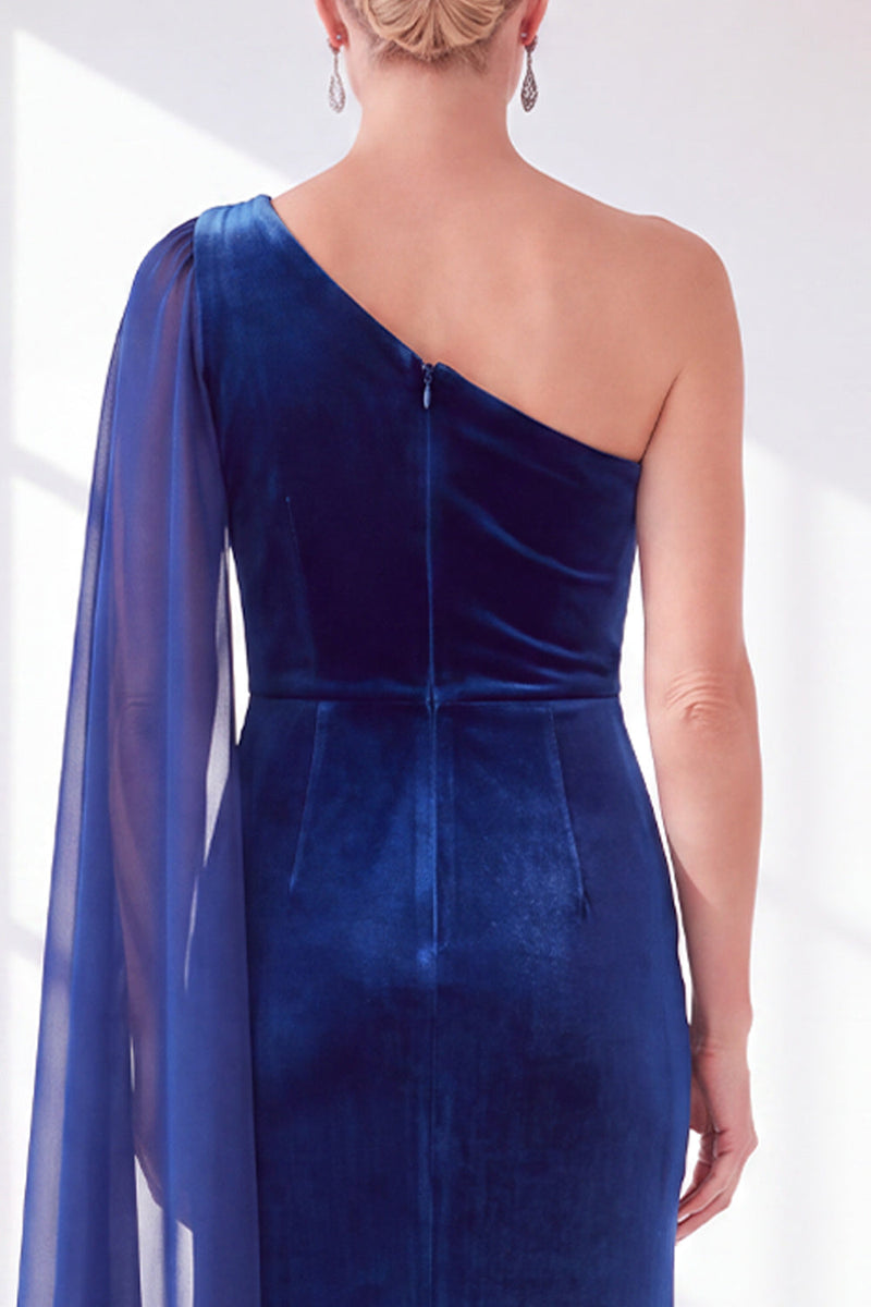 Load image into Gallery viewer, Royal Blue Velvet One Shoulder Sheath Long Mother of the Bride Dress with Side Cape