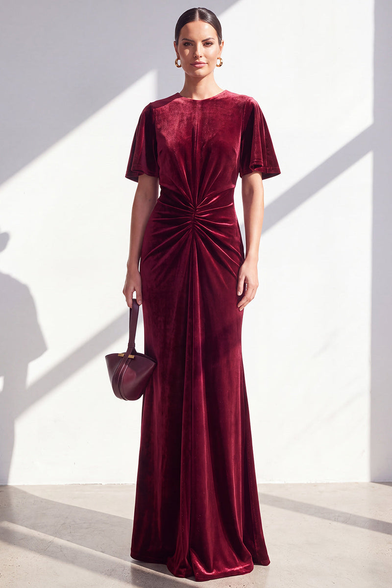 Load image into Gallery viewer, Velvet Coffee Ruched Mermaid Long Mother of the Bride Dress with Sleeves