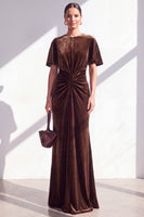 Load image into Gallery viewer, Velvet Coffee Ruched Mermaid Long Mother of the Bride Dress with Sleeves