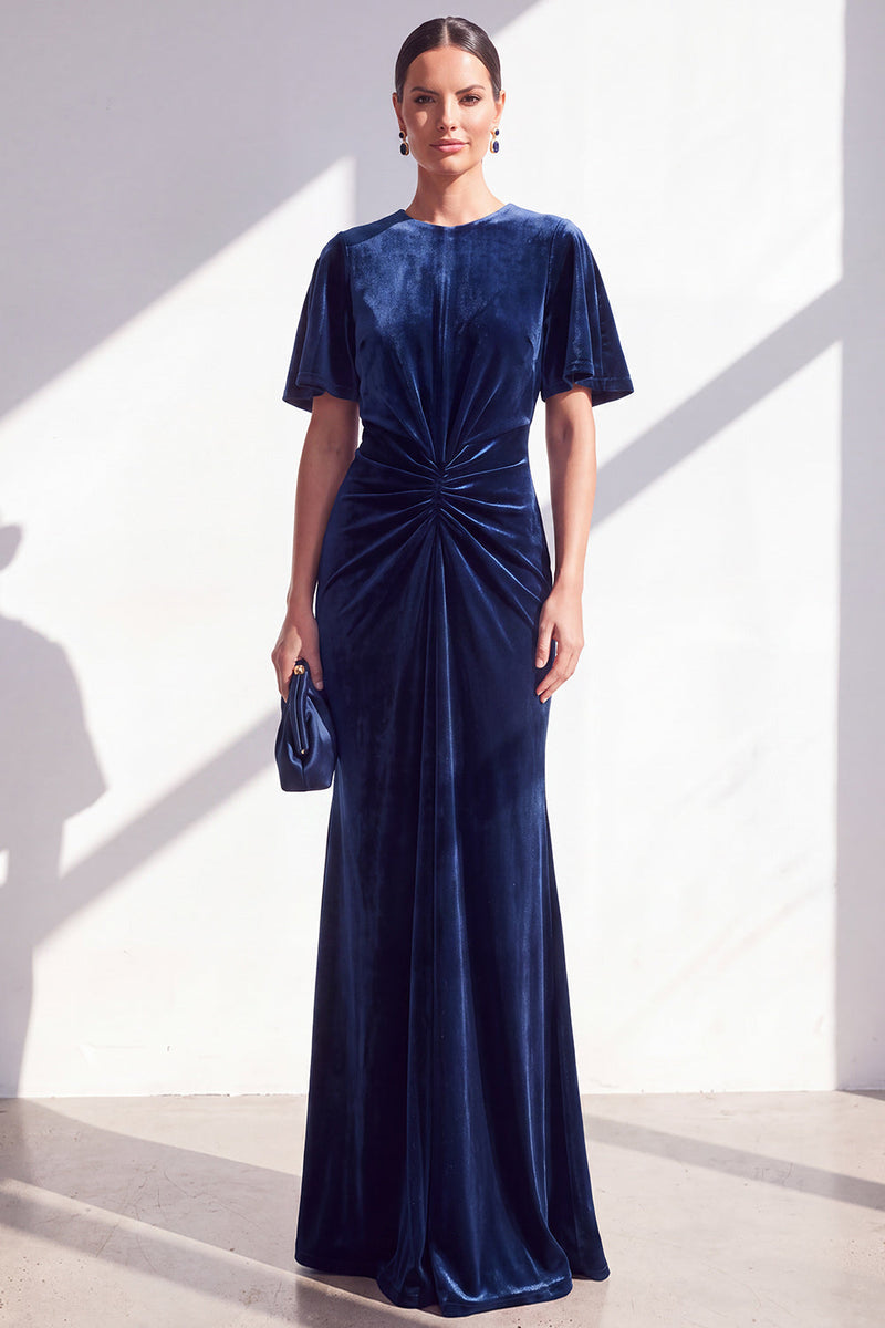 Load image into Gallery viewer, Velvet Coffee Ruched Mermaid Long Mother of the Bride Dress with Sleeves