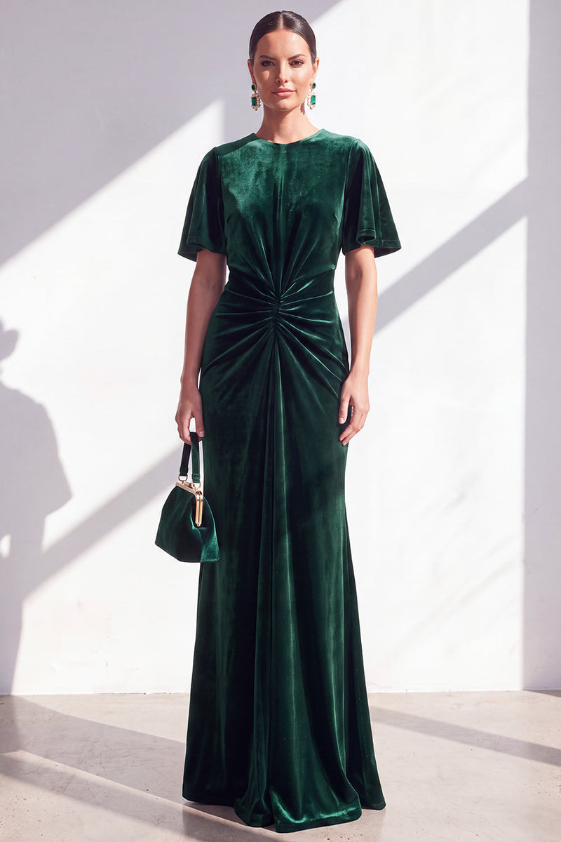 Load image into Gallery viewer, Velvet Coffee Ruched Mermaid Long Mother of the Bride Dress with Sleeves