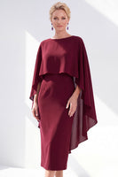 Load image into Gallery viewer, Dark Purple Bodycon Chiffon Round Neck Midi Mother of the Bride Dress with Cape